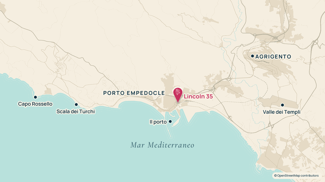 Mappa della costa da Capo Rossello ad Agrigento: Lincoln 35 in via Abramo Lincoln a Porto Empedocle, il porto, la Scala dei Turchi, Capo Rossello, la Valle dei Templi e Agrigento.