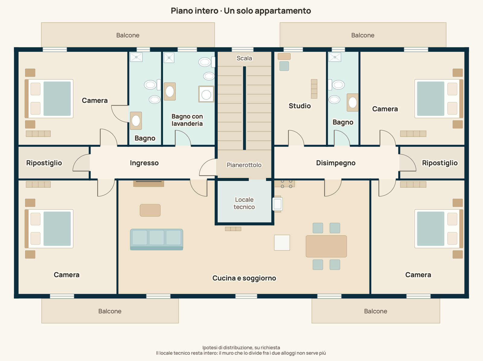 Il piano intero come un solo appartamento: un ingresso dal pianerottolo, cucina e soggiorno al centro del fronte, quattro camere, studio, tre bagni, due ripostigli.