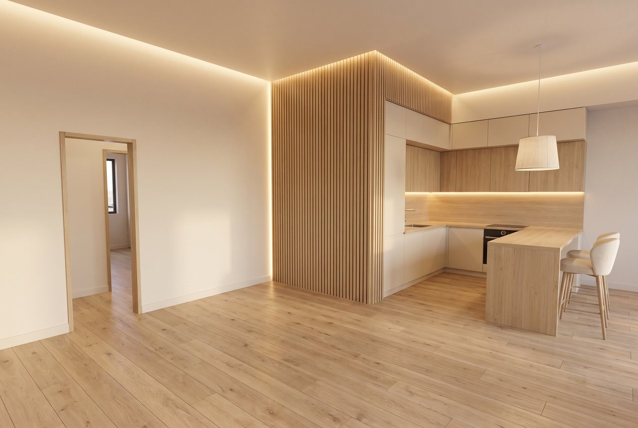 Render di progetto: cucina, sul locale tecnico, stile Rovere e luce.