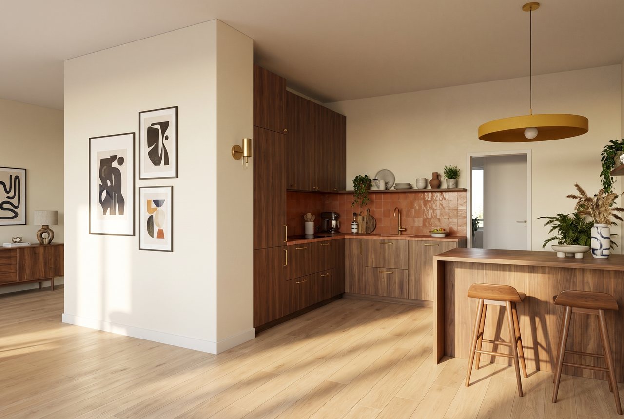 Render di progetto: cucina, sul locale tecnico, stile Salotto d'autore.