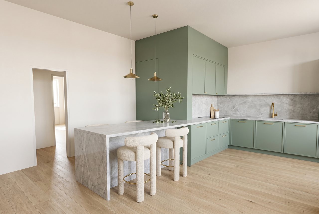 Render di progetto: cucina, sul locale tecnico, stile Verde e ottone.