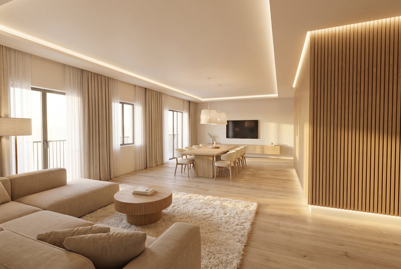 Render di progetto: cucina e soggiorno, da sinistra, stile Rovere e luce.