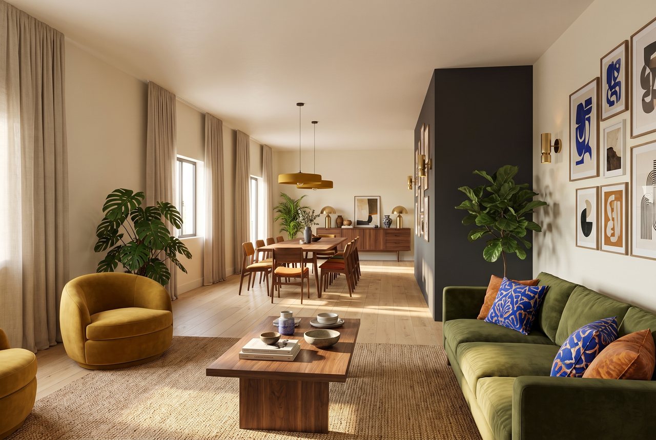 Render di progetto: cucina e soggiorno, da sinistra, stile Salotto d'autore.