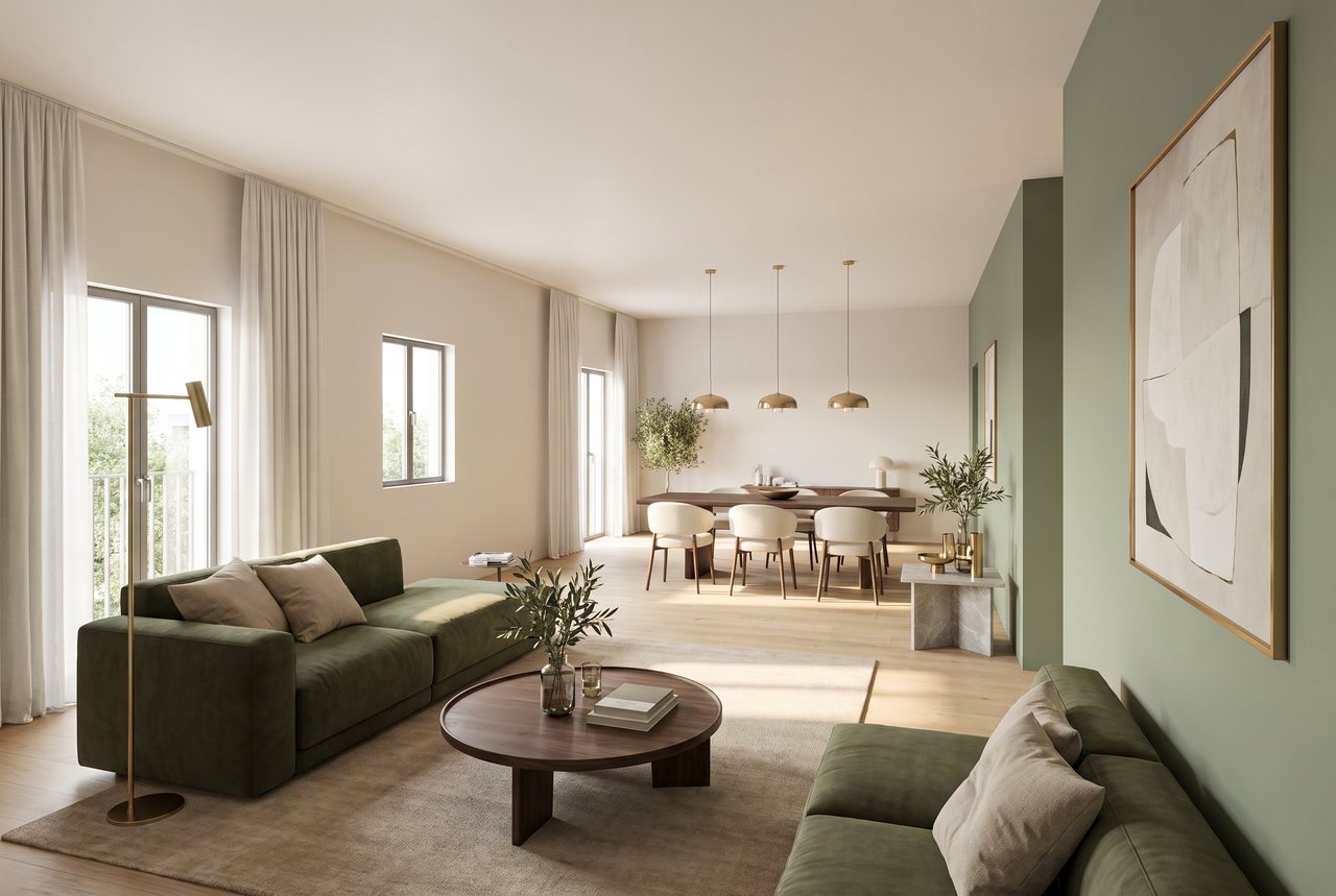 Render di progetto: cucina e soggiorno, da sinistra, stile Verde e ottone.
