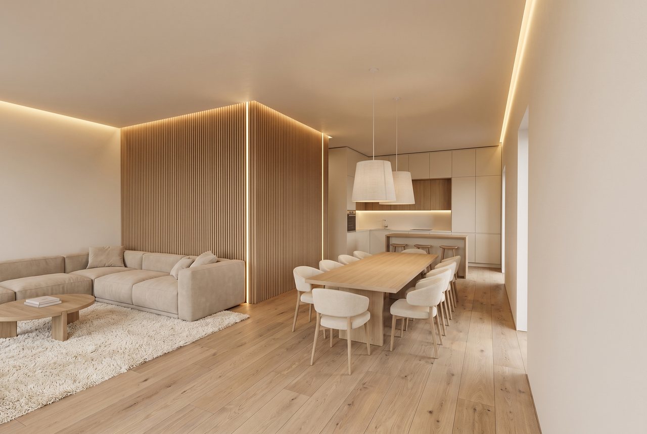 Render di progetto: cucina e soggiorno, dal balcone, stile Rovere e luce.