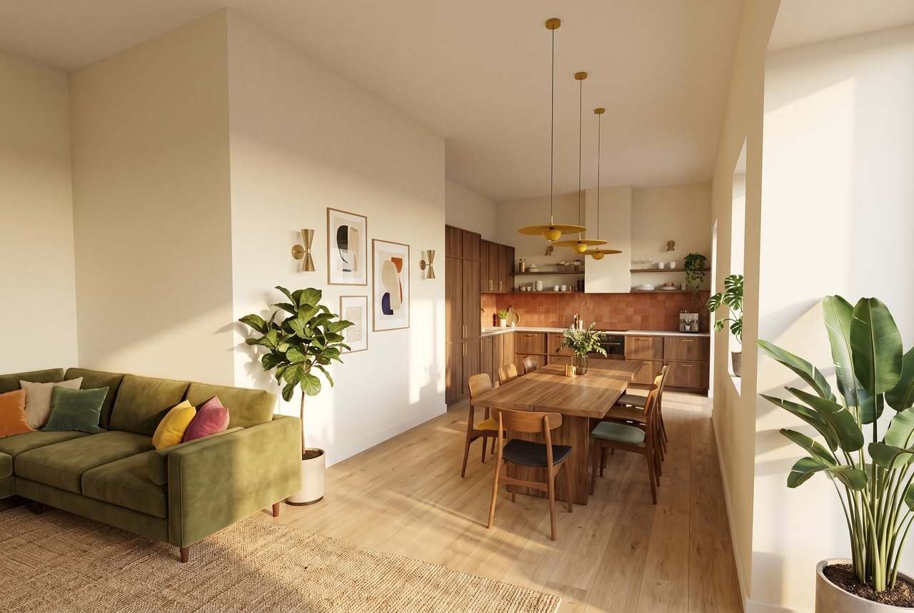 Render di progetto: cucina e soggiorno, dal balcone, stile Salotto d'autore.