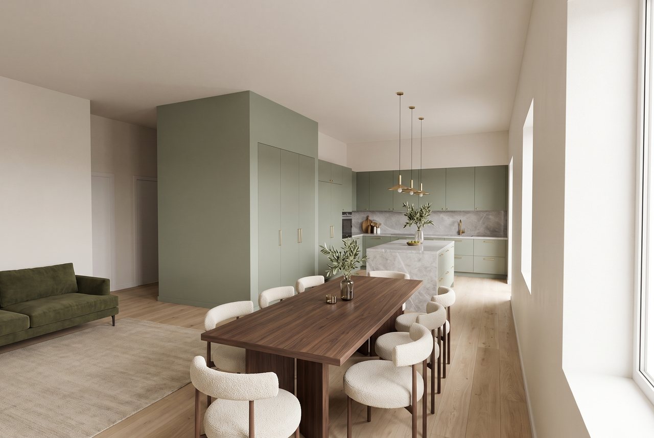 Render di progetto: cucina e soggiorno, dal balcone, stile Verde e ottone.