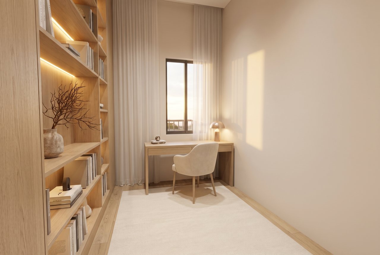Render di progetto: studio, stile Rovere e luce.