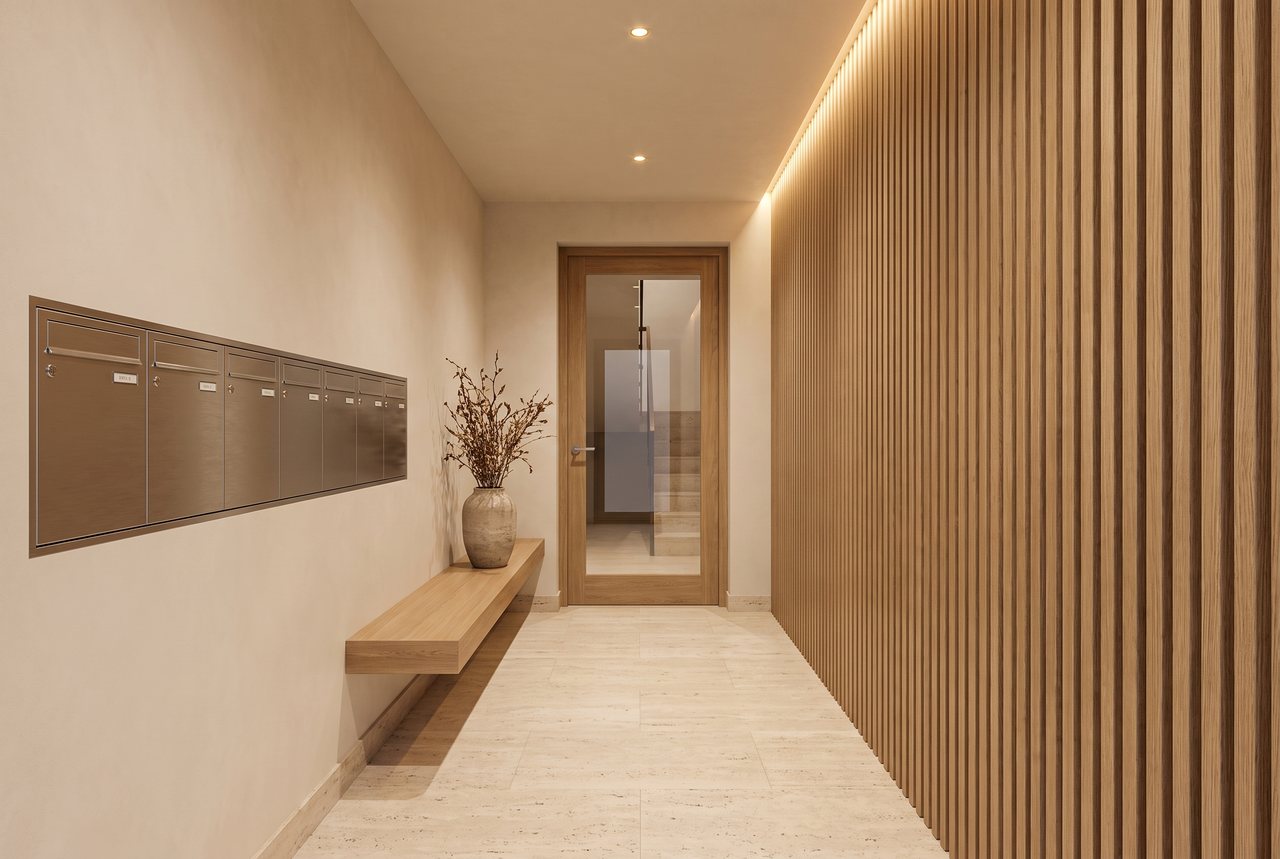 Render di progetto: ingresso del palazzo, stile Rovere e luce.