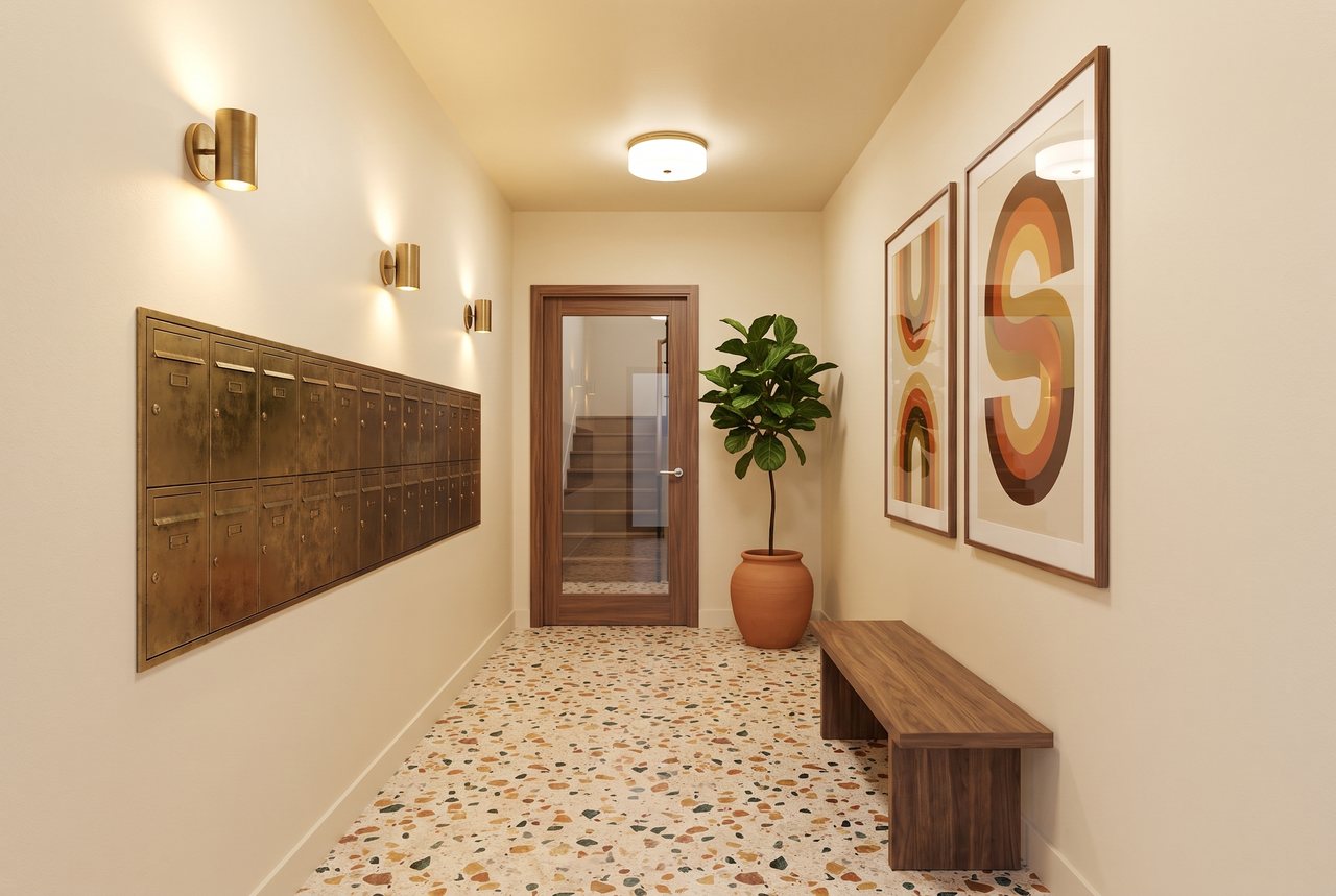 Render di progetto: ingresso del palazzo, stile Salotto d'autore.