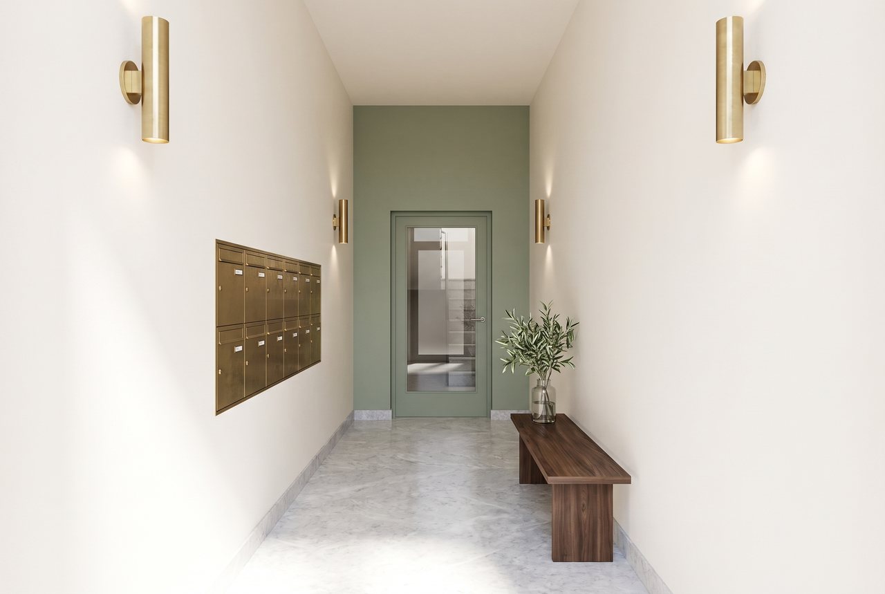 Render di progetto: ingresso del palazzo, stile Verde e ottone.