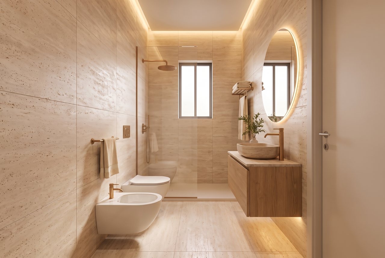 Render di progetto: bagno della camera, stile Rovere e luce.