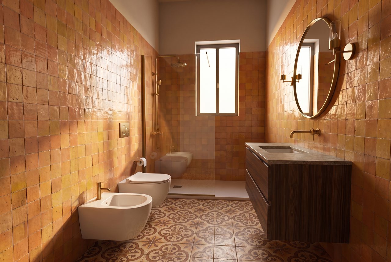 Render di progetto: bagno della camera, stile Salotto d'autore.