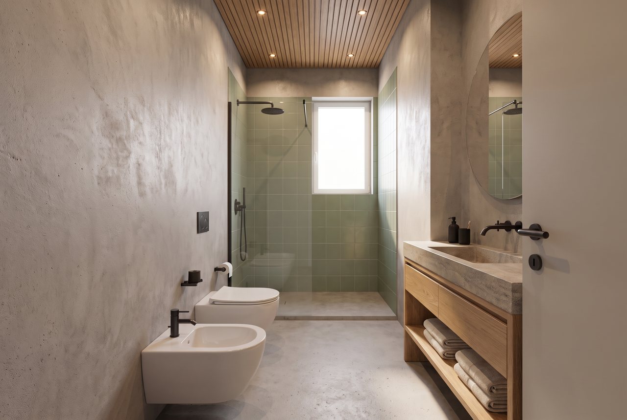 Render di progetto: bagno della camera, stile Verde e ottone.