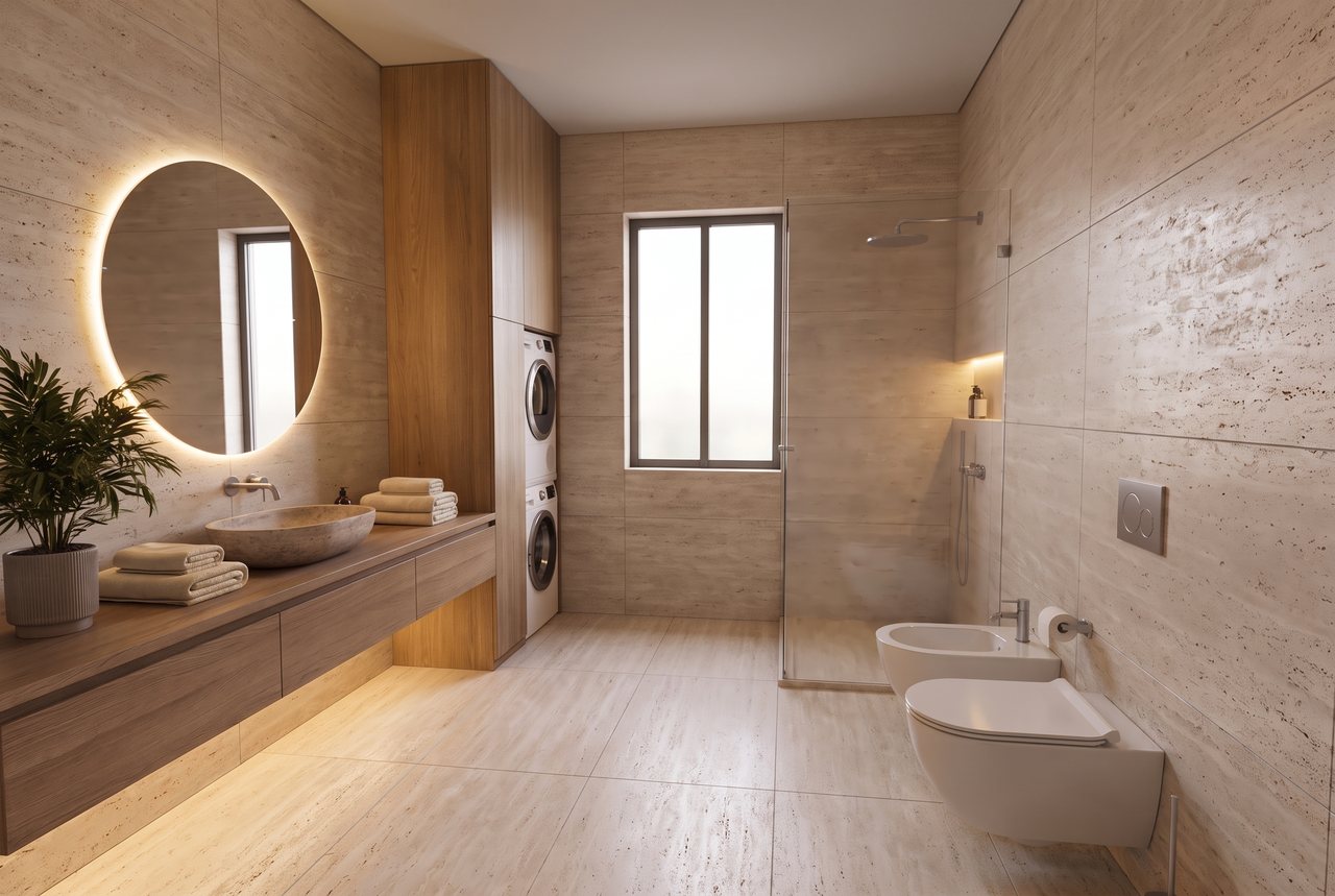 Render di progetto: bagno con lavanderia, stile Rovere e luce.