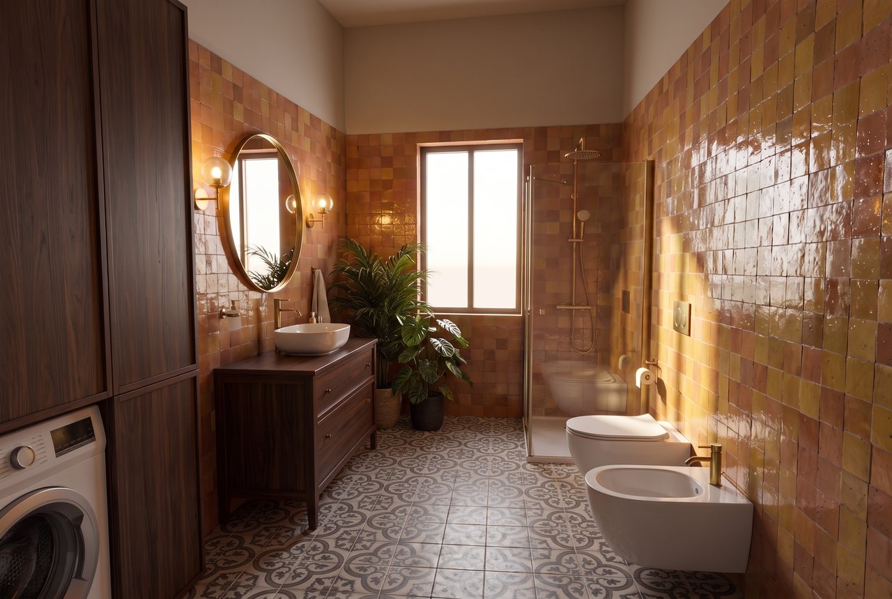 Render di progetto: bagno con lavanderia, stile Salotto d'autore.