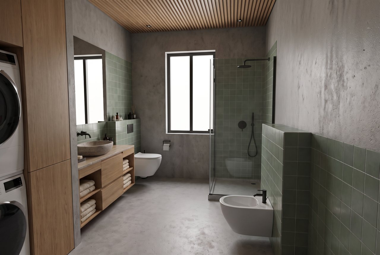 Render di progetto: bagno con lavanderia, stile Verde e ottone.