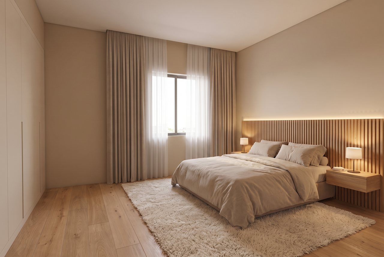 Render di progetto: camera sul retro, stile Rovere e luce.