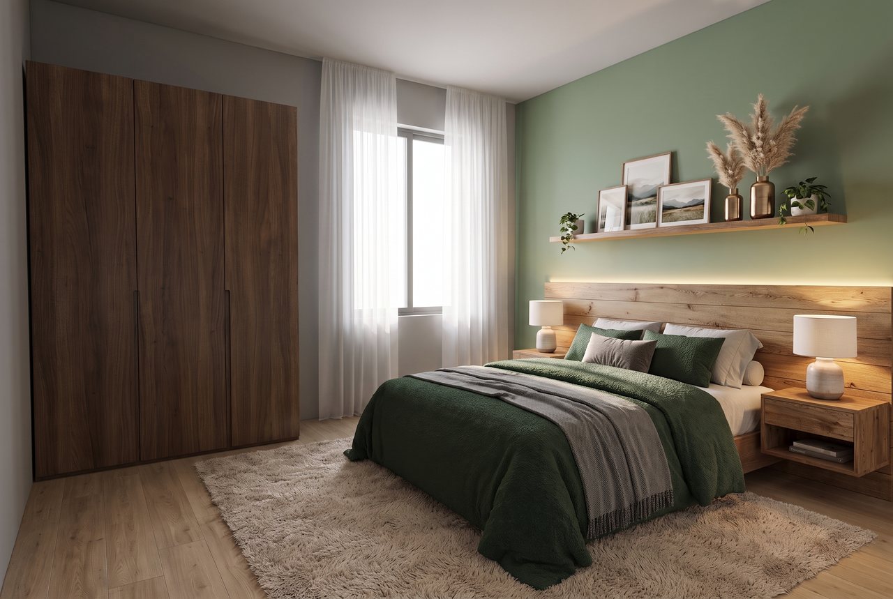 Render di progetto: camera sul retro, stile Verde e ottone.