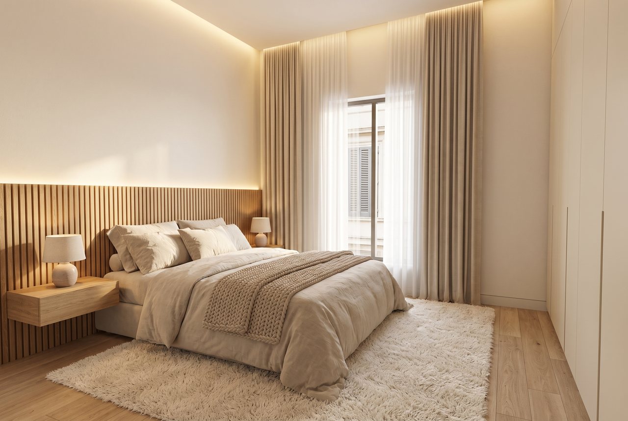 Render di progetto: camera sulla via, stile Rovere e luce.