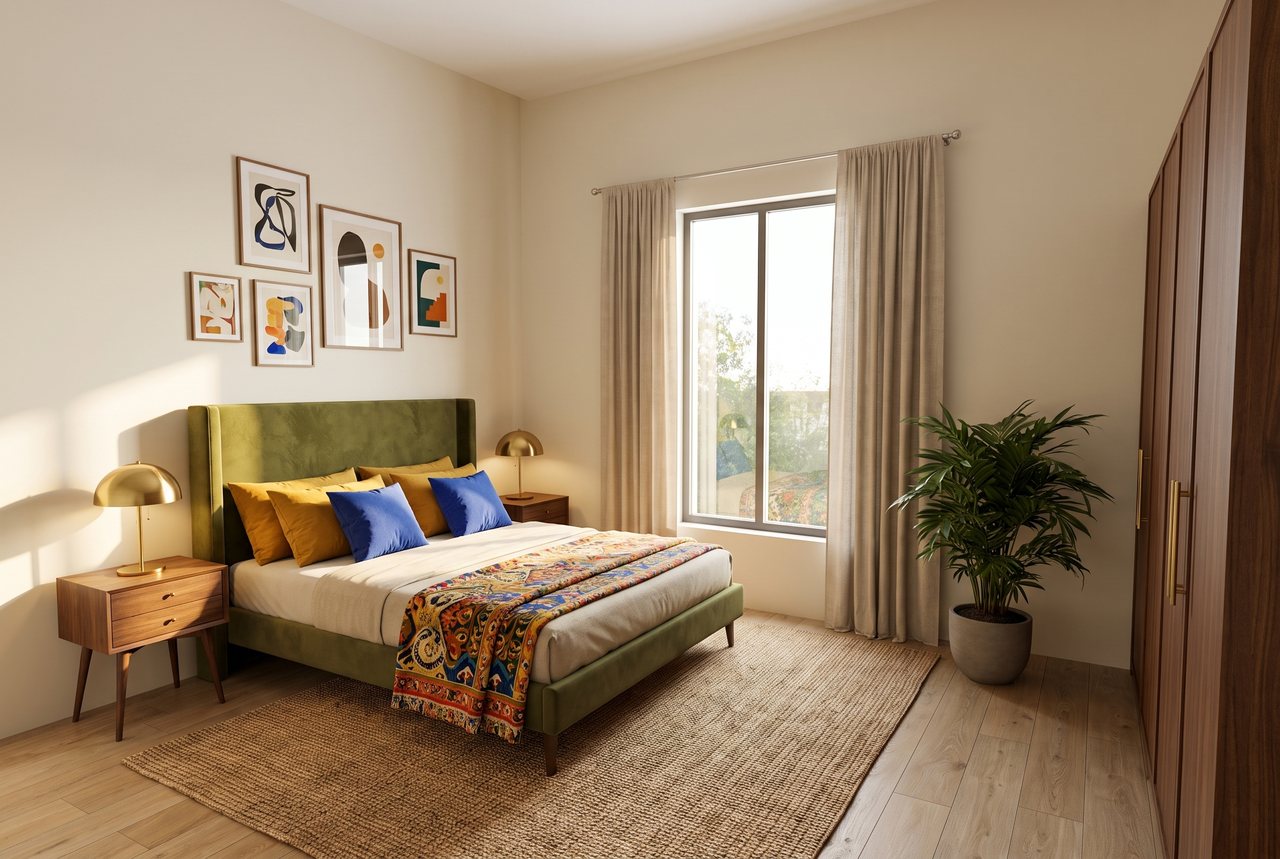 Render di progetto: camera sulla via, stile Salotto d'autore.