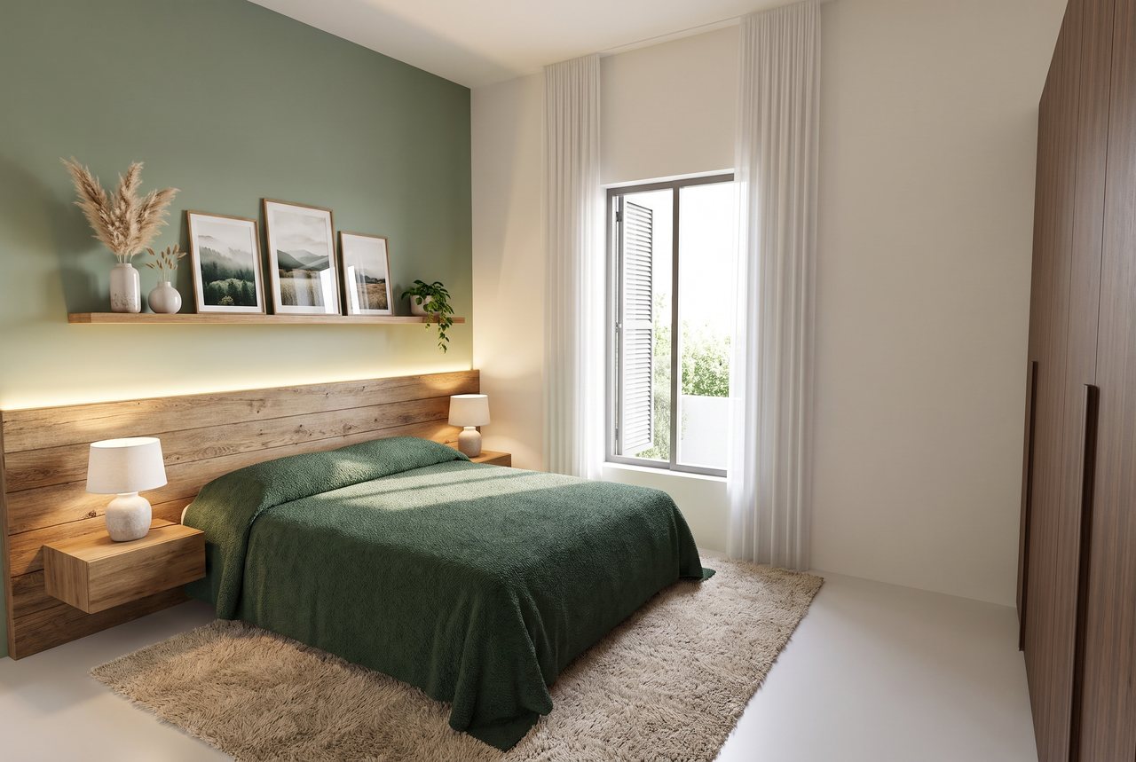 Render di progetto: camera sulla via, stile Verde e ottone.
