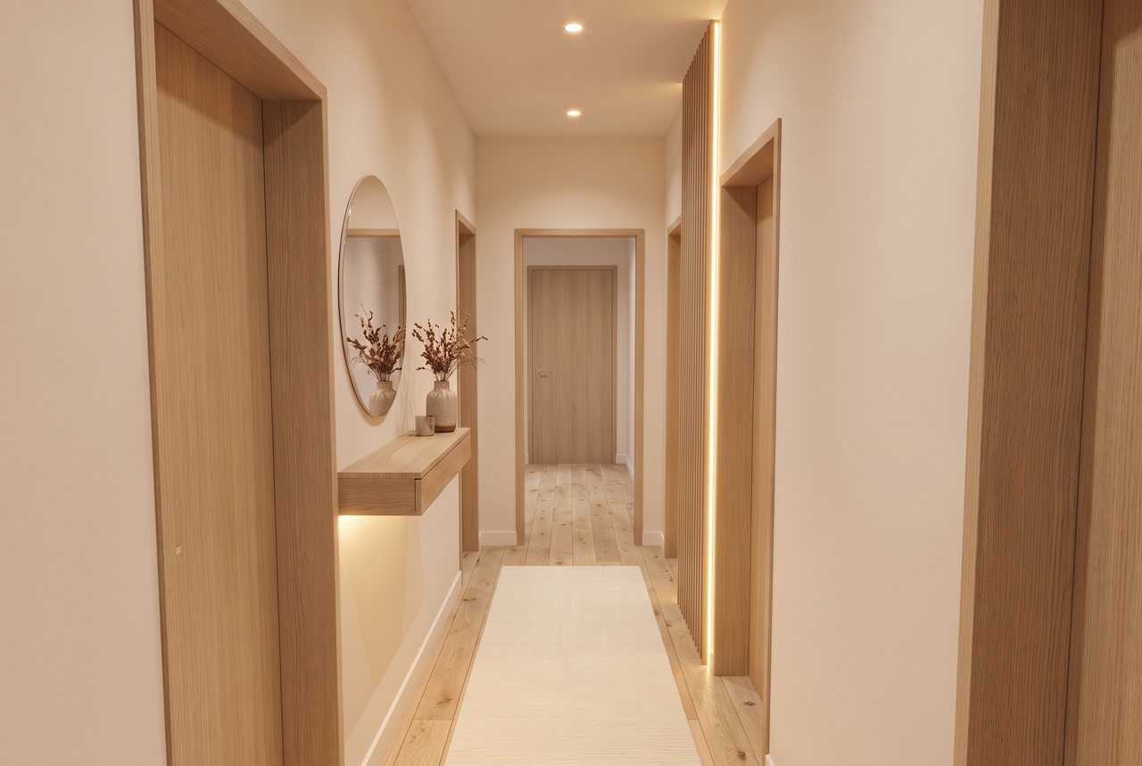 Render di progetto: ingresso, stile Rovere e luce.