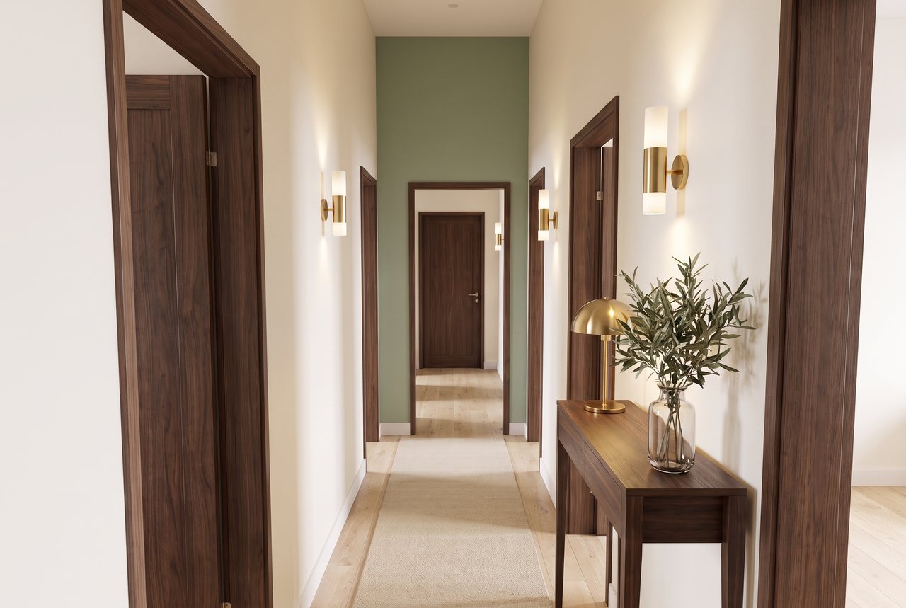 Render di progetto: ingresso, stile Verde e ottone.