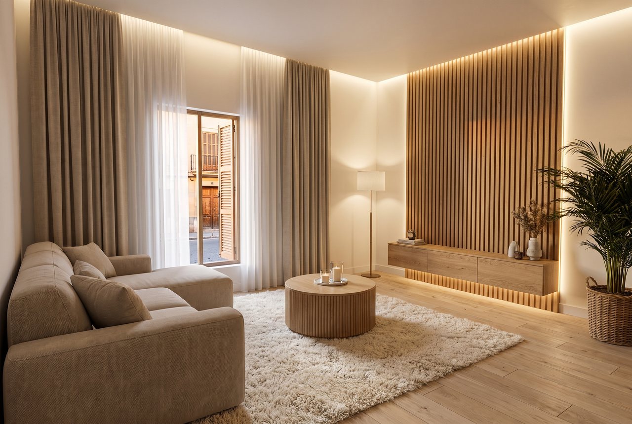 Render di progetto: cucina e soggiorno, dalla porta, stile Rovere e luce.