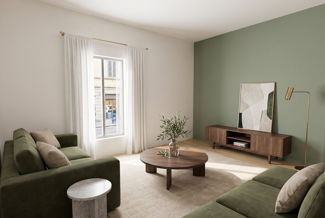 Render di progetto: cucina e soggiorno, dalla porta, stile Verde e ottone.
