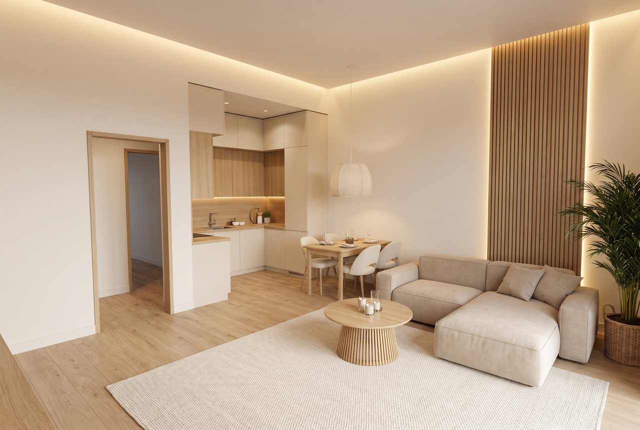 Render di progetto: cucina e soggiorno, dalla finestra, stile Rovere e luce.