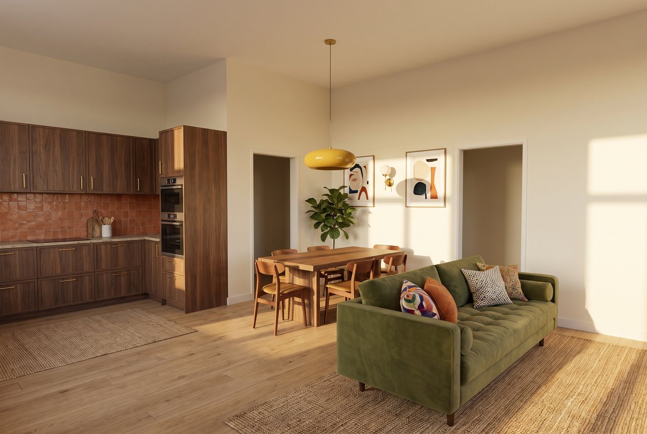 Render di progetto: cucina e soggiorno, dalla finestra, stile Salotto d'autore.