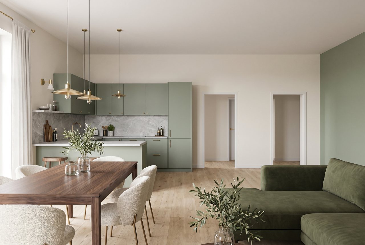 Render di progetto: cucina e soggiorno, dalla finestra, stile Verde e ottone.
