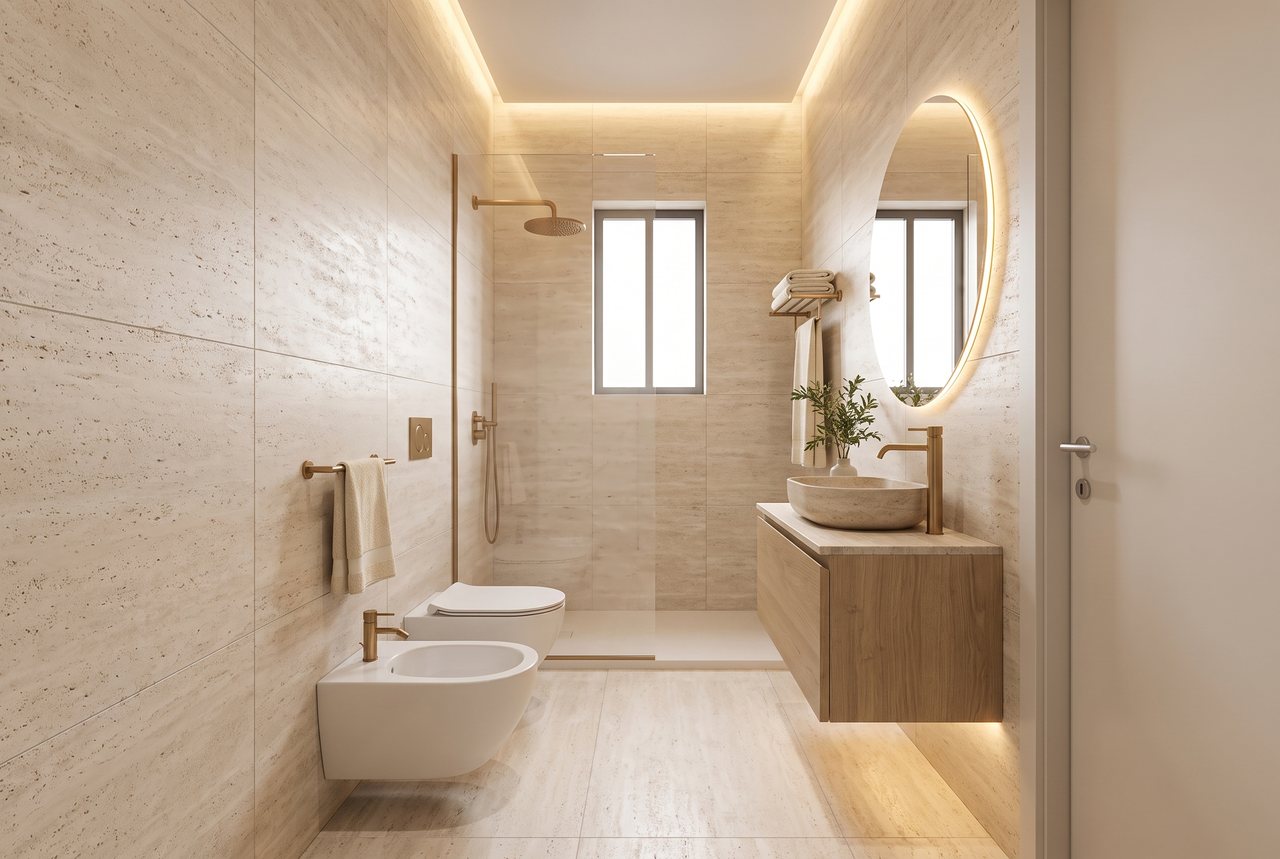 Render di progetto: bagno della camera, stile Rovere e luce.