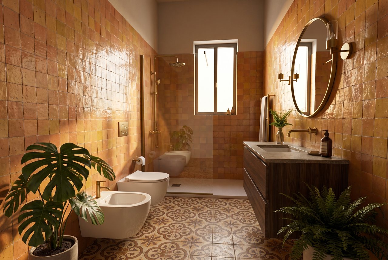 Render di progetto: bagno della camera, stile Salotto d'autore.