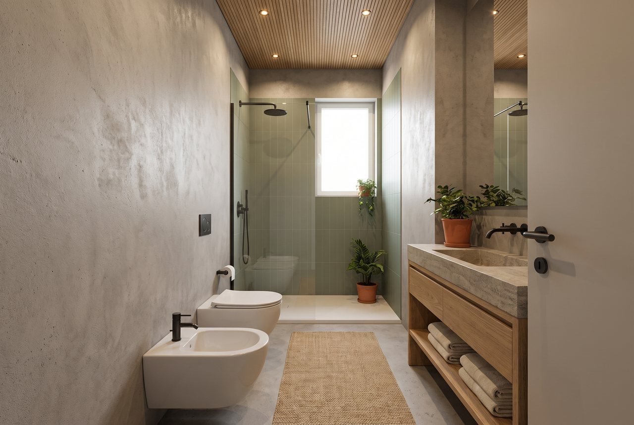 Render di progetto: bagno della camera, stile Verde e ottone.
