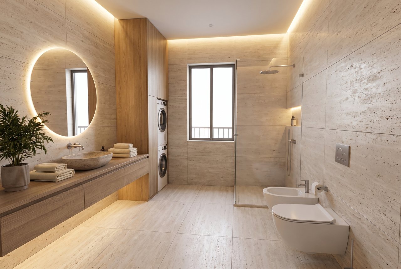 Render di progetto: bagno con lavanderia, stile Rovere e luce.
