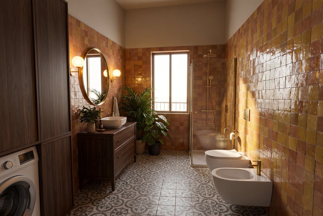 Render di progetto: bagno con lavanderia, stile Salotto d'autore.
