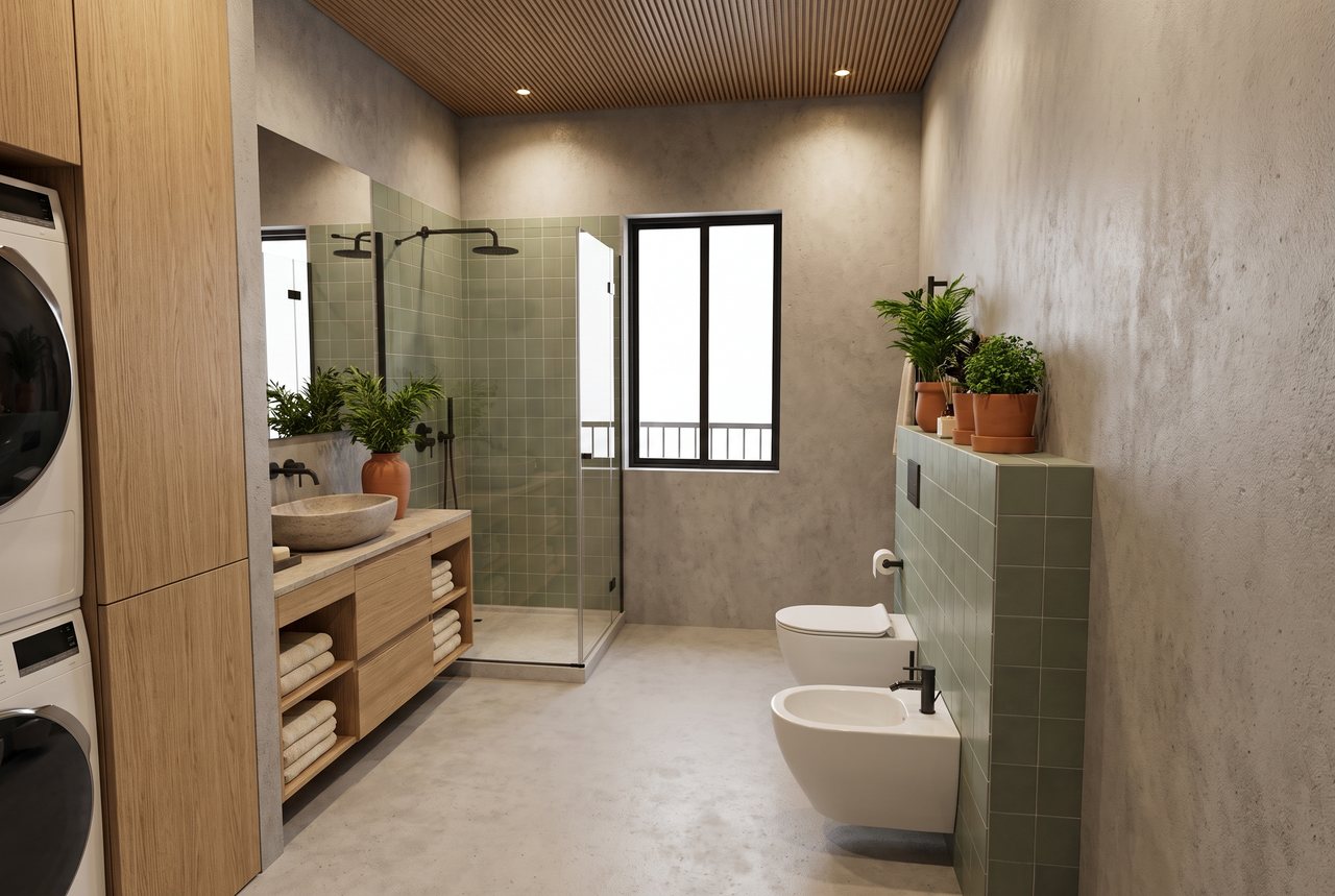 Render di progetto: bagno con lavanderia, stile Verde e ottone.