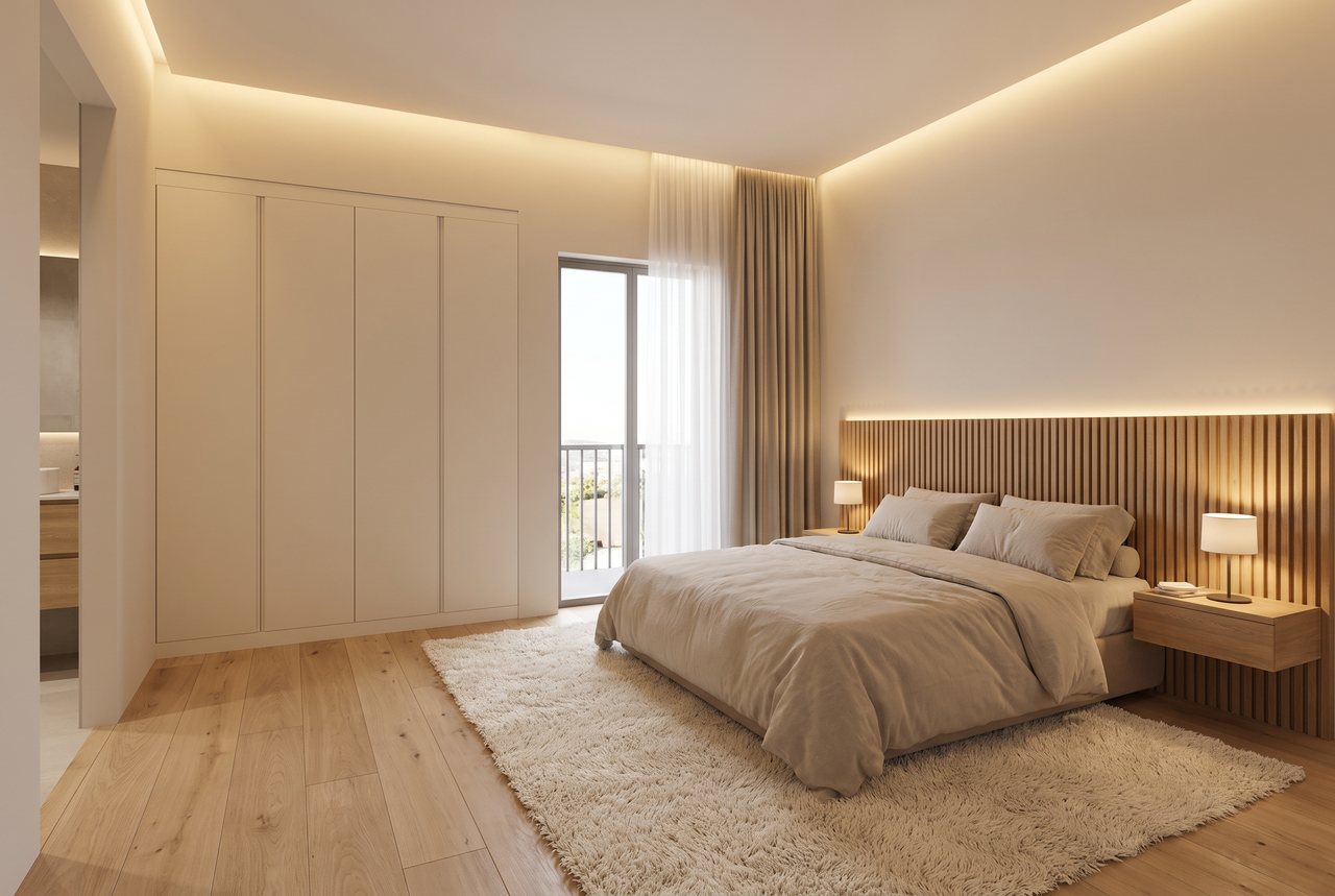 Render di progetto: camera sul retro, stile Rovere e luce.