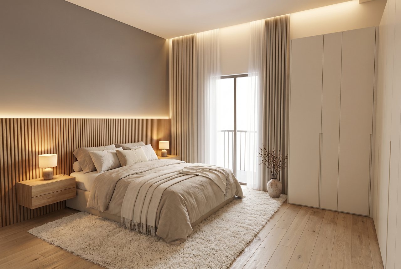 Render di progetto: camera sulla via, stile Rovere e luce.