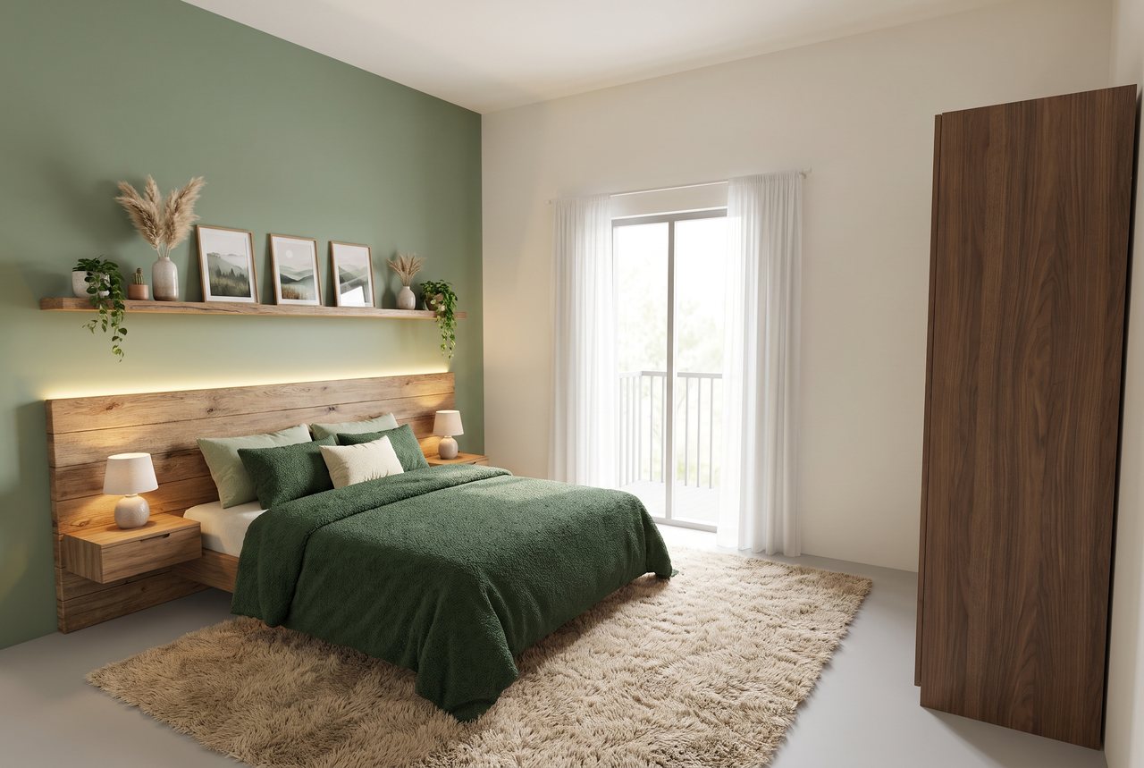 Render di progetto: camera sulla via, stile Verde e ottone.