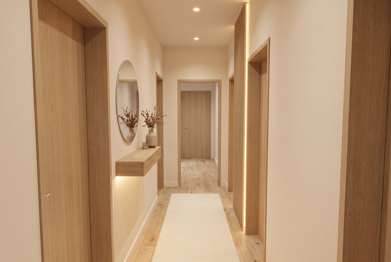 Render di progetto: ingresso, stile Rovere e luce.