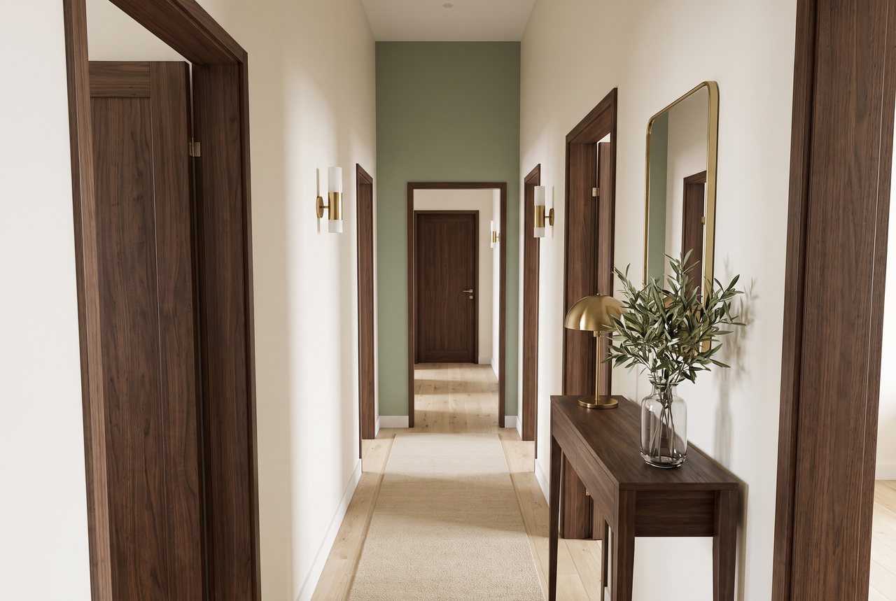 Render di progetto: ingresso, stile Verde e ottone.