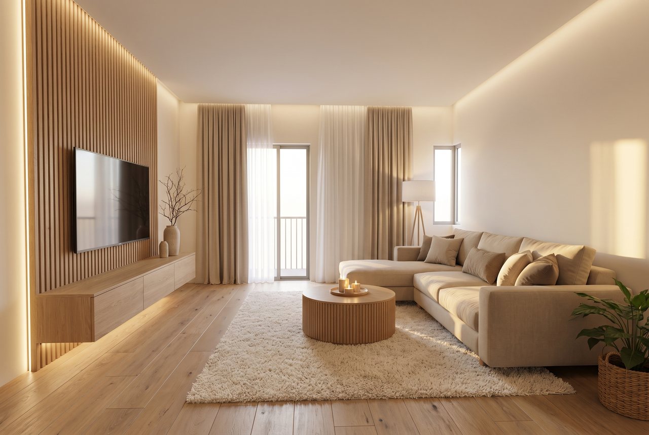 Render di progetto: cucina e soggiorno, dalla porta, stile Rovere e luce.