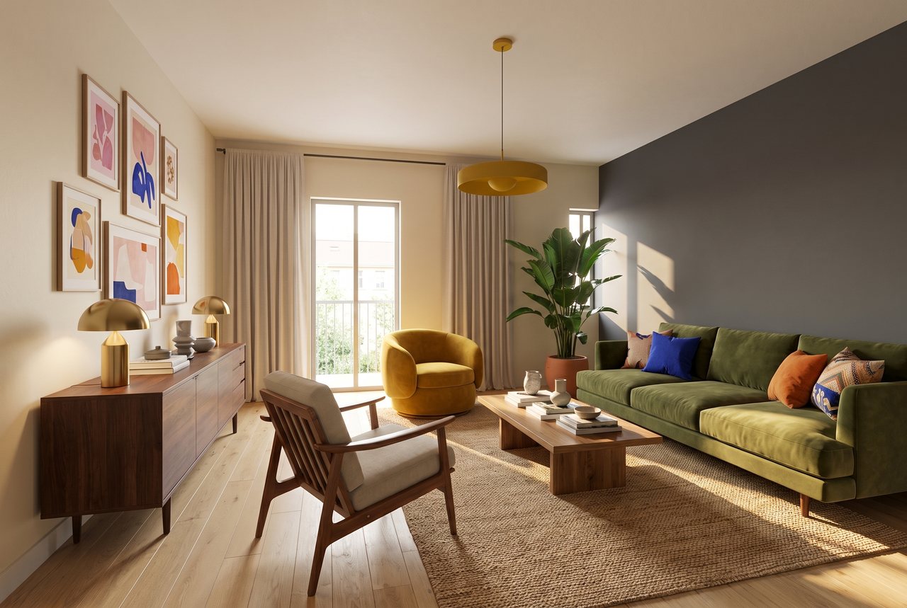 Render di progetto: cucina e soggiorno, dalla porta, stile Salotto d'autore.
