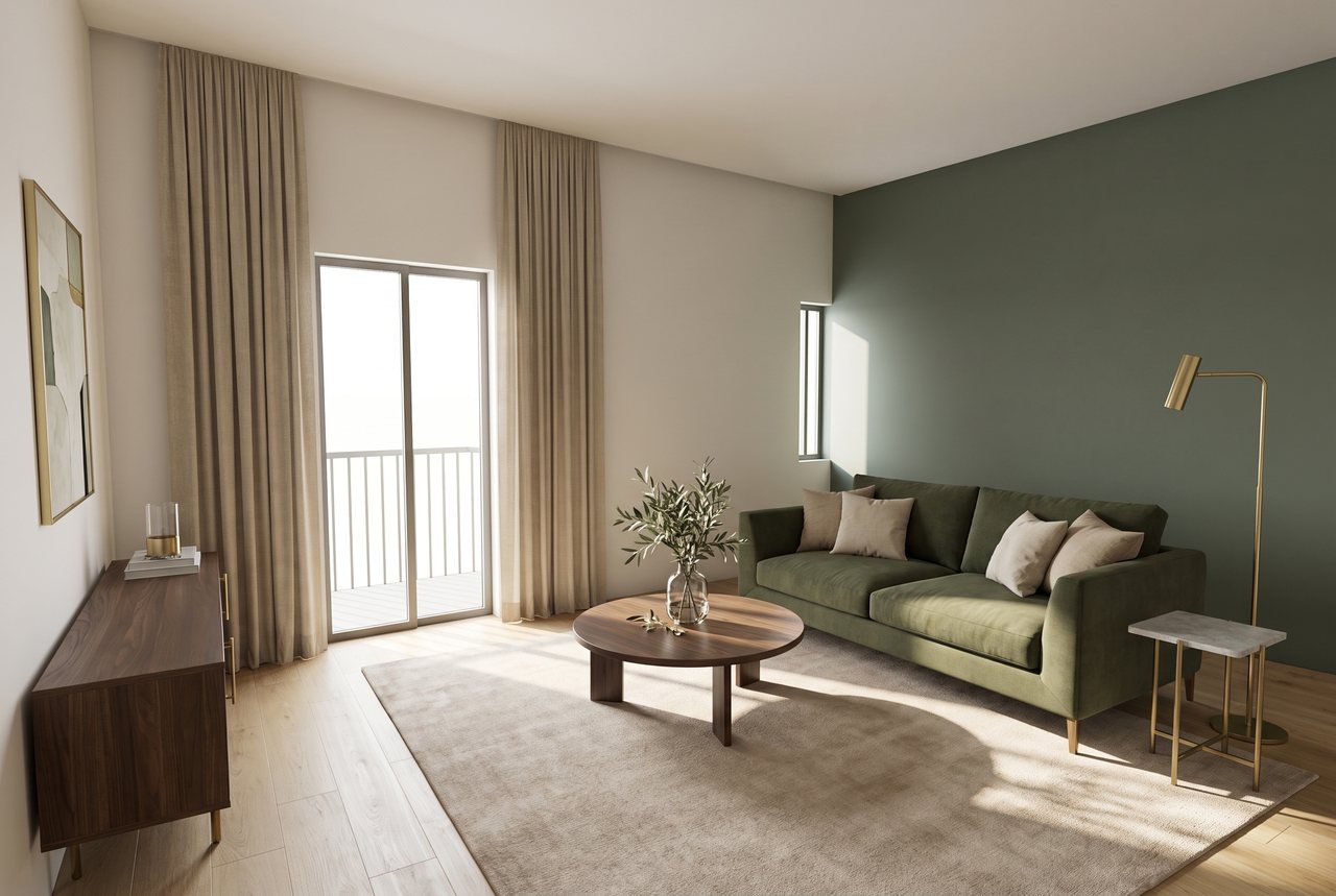Render di progetto: cucina e soggiorno, dalla porta, stile Verde e ottone.