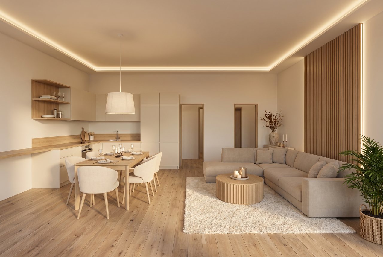 Render di progetto: cucina e soggiorno, dal balcone, stile Rovere e luce.