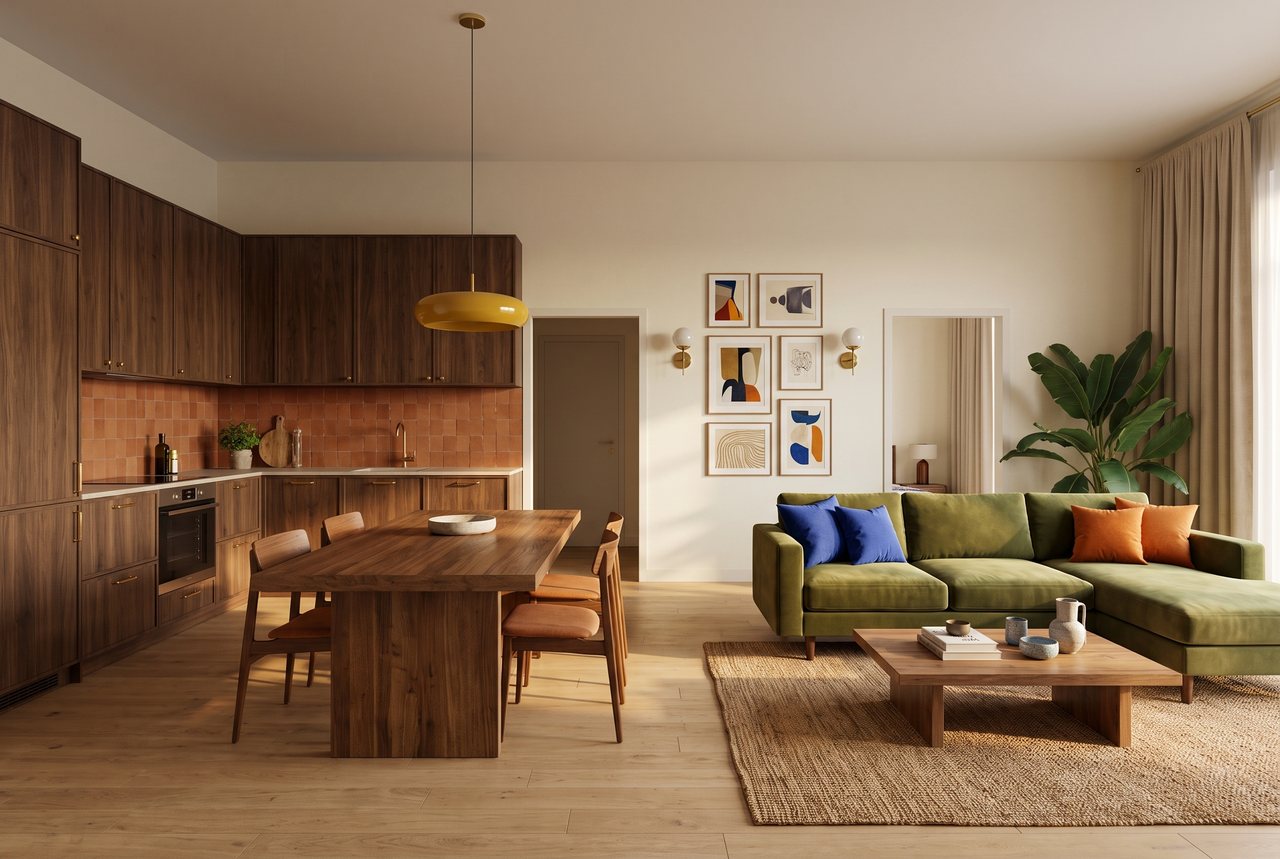 Render di progetto: cucina e soggiorno, dal balcone, stile Salotto d'autore.