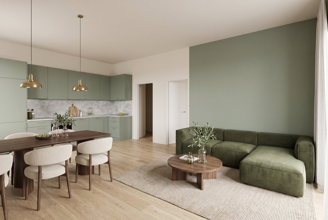 Render di progetto: cucina e soggiorno, dal balcone, stile Verde e ottone.